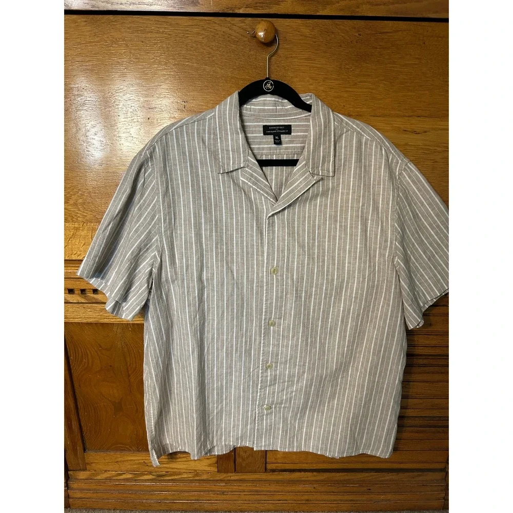 Banana Republic Mens XL Linen Blend Striped Short Sleeve Camp Collar Shirt Tan